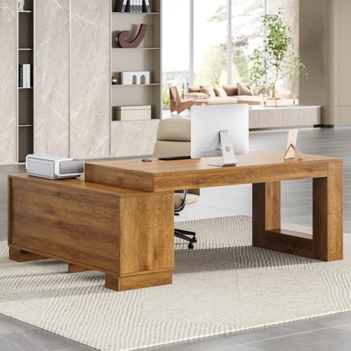 LITTLE TREE 63" L Shaped Executive Desk with Storage, Farmhouse Home Office Desk with 2-Tier Cabinets and Shelves
