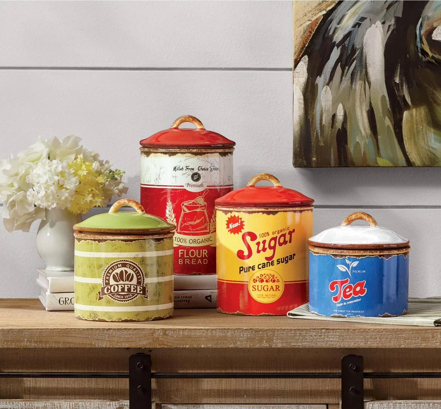 Set of 4 Retro Canisters, Ceramic, Red