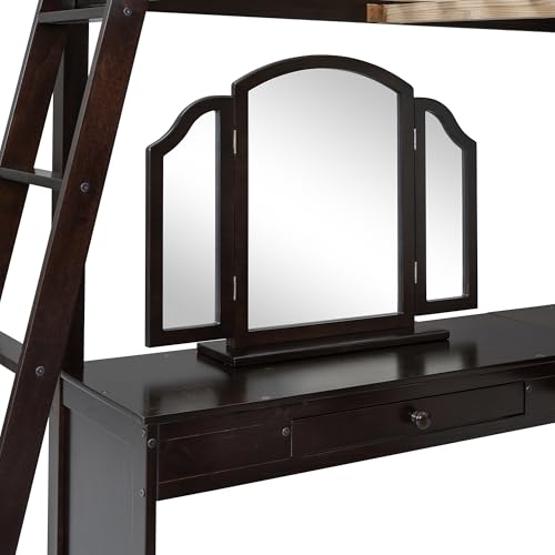 Harper & Bright Designs Full Size Loft Bed with Desk, Storage Shelves and Drawers, Solid Wood Loft Bed Frame with Built-in Wardrobe, Walnut