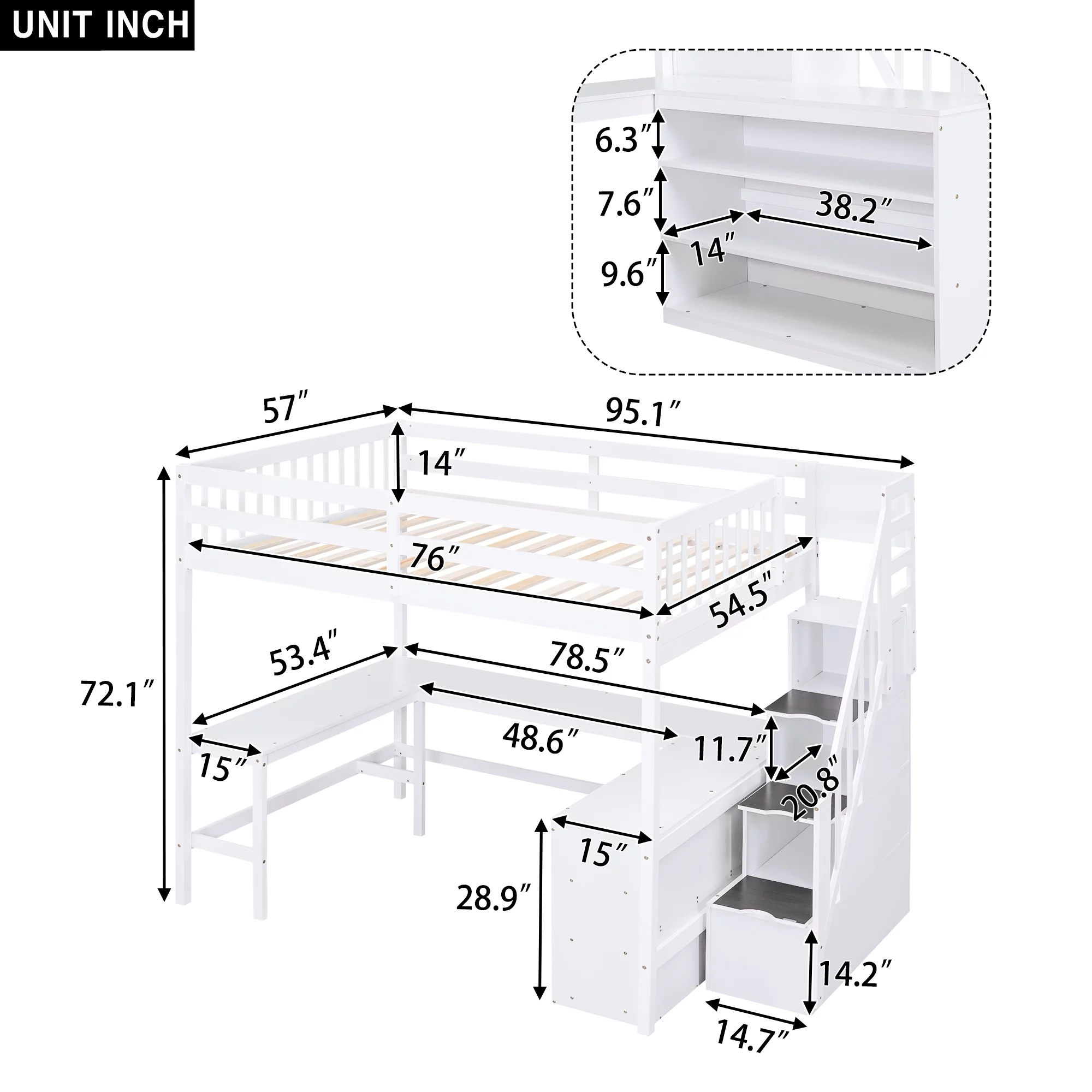 EUROCO Wood Full Size Loft Bed with Desk, Shelf and Storage Staircase for Kids Teens Adults, Built-in Desk with Bookscase for Working Station