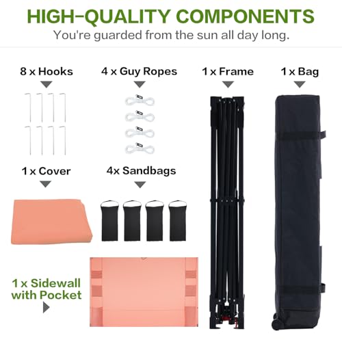 10'x10' Pop Up Canopy Tent with 1 Sidewall and 6 Pockets, One Push Setup, Instant Shade Tent with Vented Roof for Beach Patio Outdoor, Case, 8 Stakes