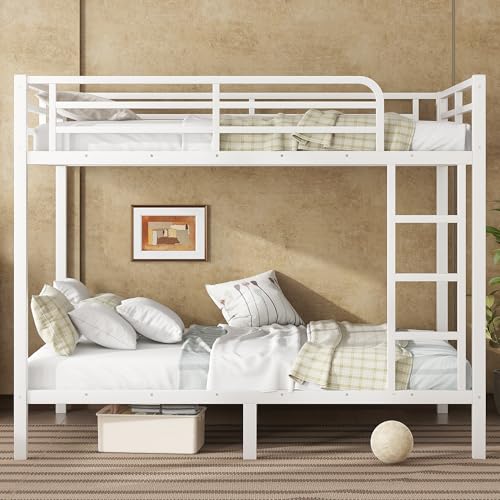 Heavy Duty Bunk Bed Frame with Ladder, Twin XL Over Twin XL Bunk Beds with Safety Guardrails, Adults Bunk Beds with Noise-Reducing Rubber Stoppers