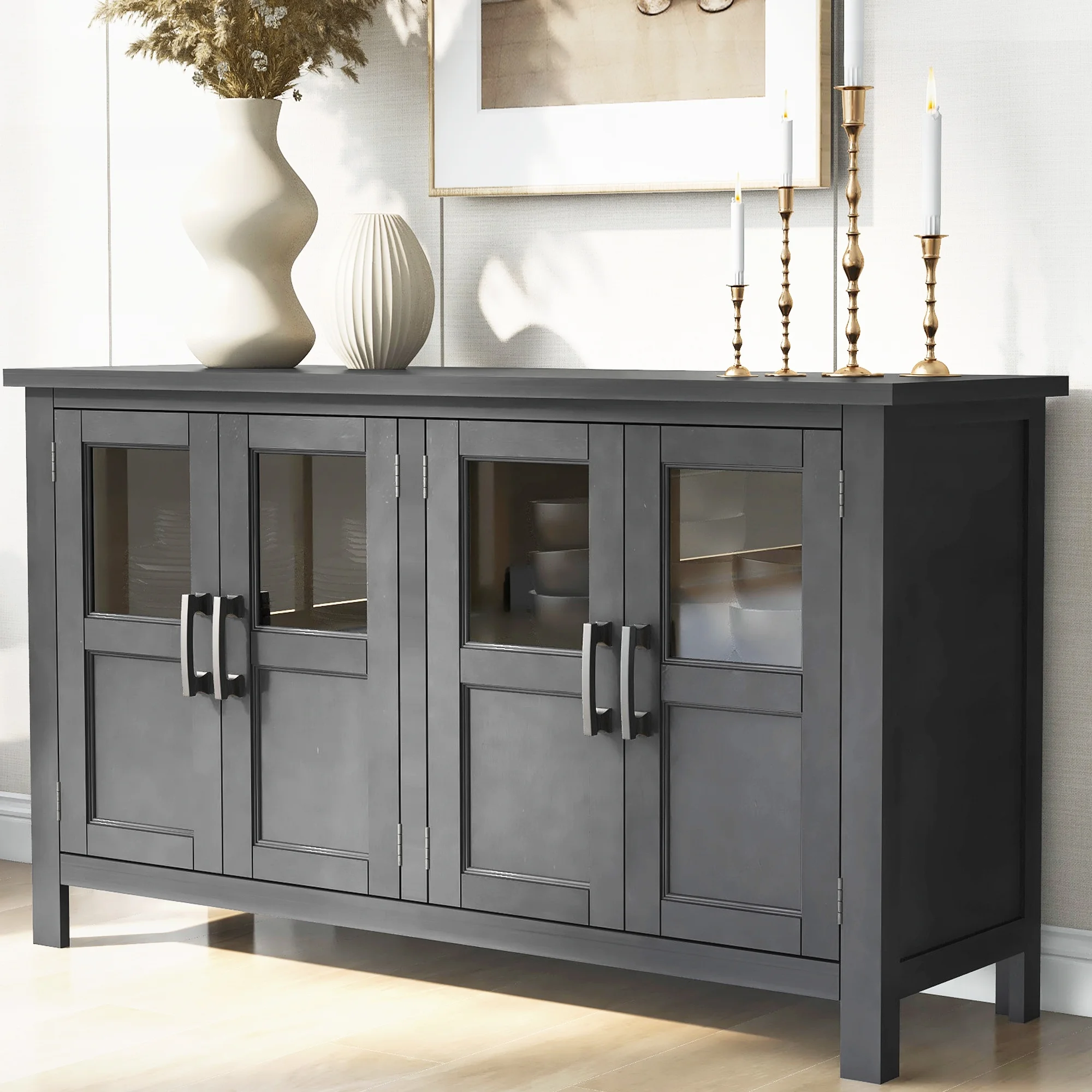Buffet Cabinet with 4 Doors, Farmhouse Storage Cabinet, Atumon Storage Cabinet with Adjustable Shelves and Metal Handles