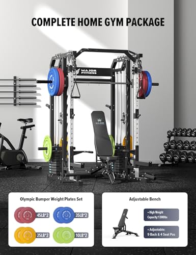 Major Fitness Smith△ Machine Drone2 Premium, All-in-One Home Gym Squat Rack with Aluminum Pulley Set , Weight Bar
