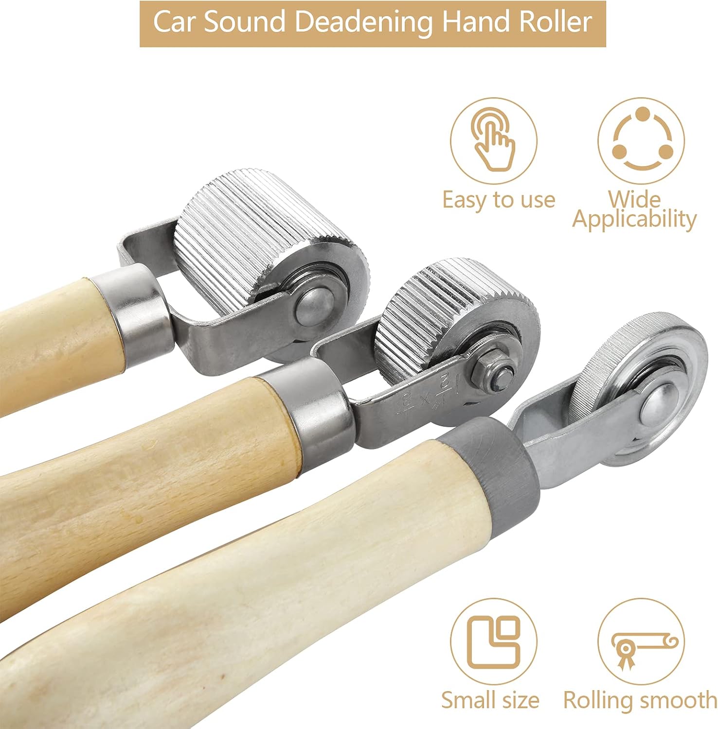 3 Pcs Car Sound Deadening Roller Auto Noise Proof Insulation Tool with Wooden Handle Automotive/Vehicle Sound Deadener Metal Barrel Roller