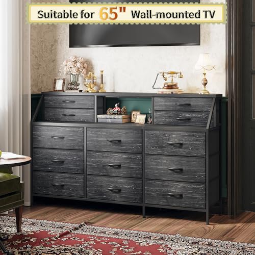 55" W Dresser for Bedroom, Dressers & Chests of Drawers with 13 Fabric Drawers and 2 Open Shelves, Long Vanity Dressers for Bedroom & Closet