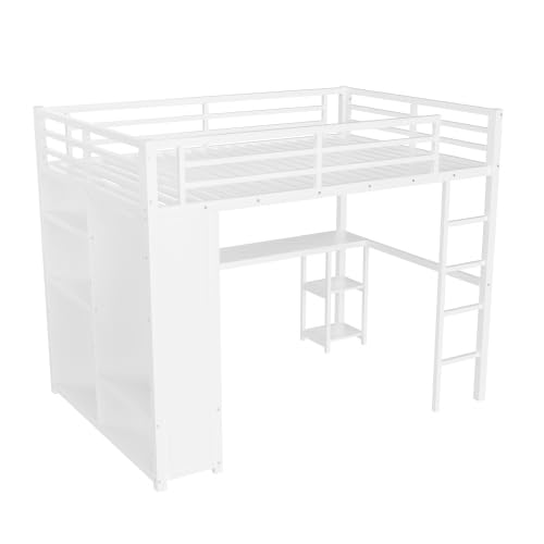 Metal Loft Bed with Wardrobe and L-Shaped Desk, Full Size Loft Bed with Storage Cubes and Shelves, Heavy Duty Loft Bed for Kids Teens, White