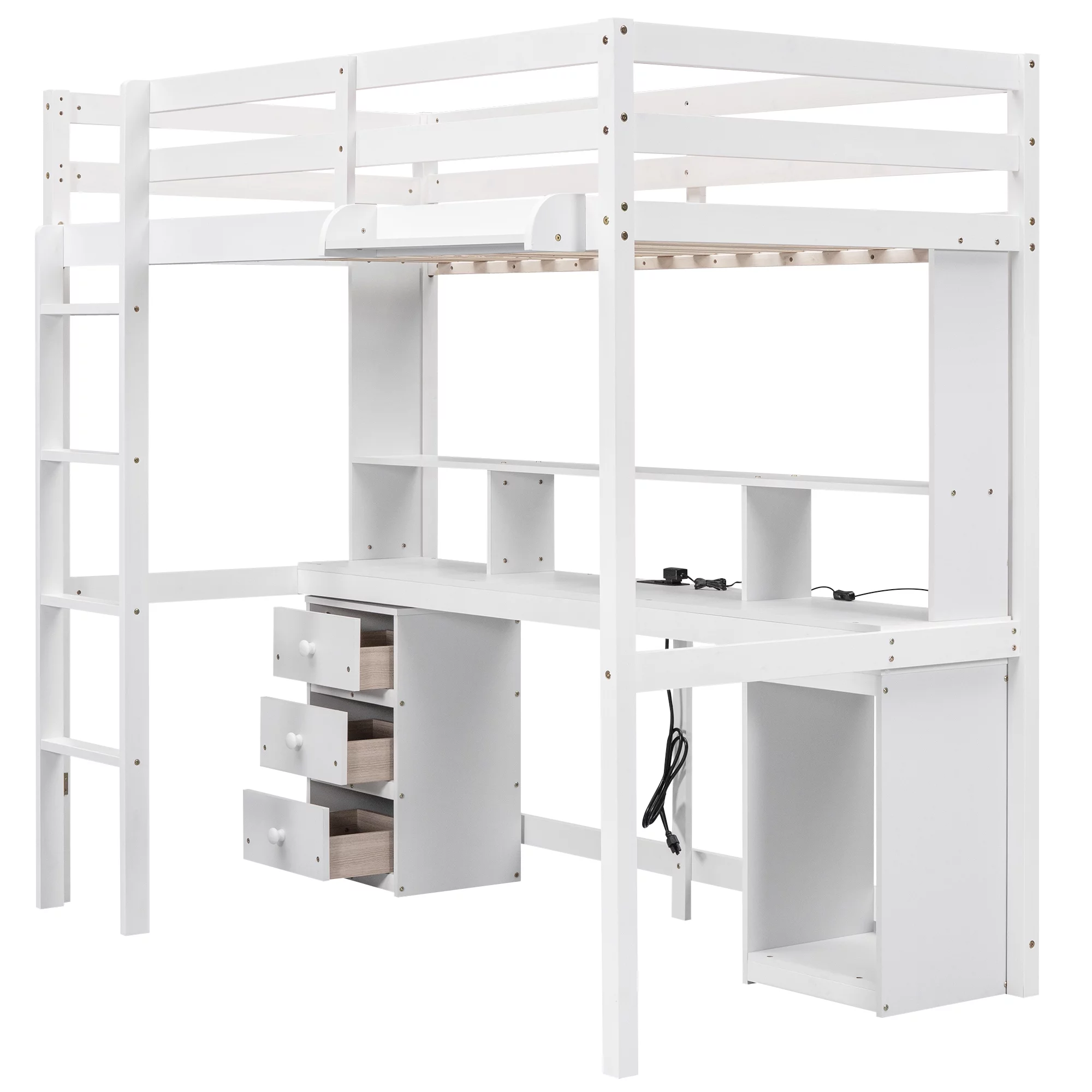 Euroco Twin Size Loft Bed with Built-in Desk, 3 Drawers and USB Charging Station, LED Light Under Bed Space