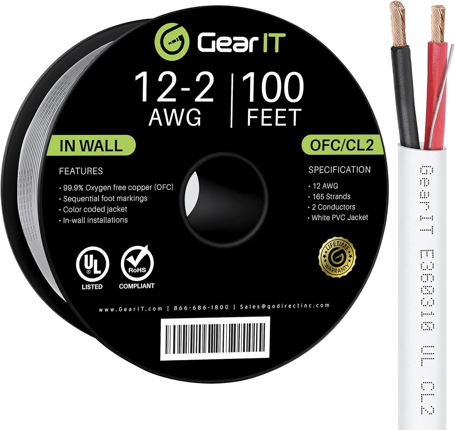 GearIT 12/2 Speaker Wire (100 Feet) 12AWG Gauge - in Wall Audio Speaker Wire Cable / CL2 Rated / 2 Conductors - OFC Oxygen-Free Copper, White 100ft