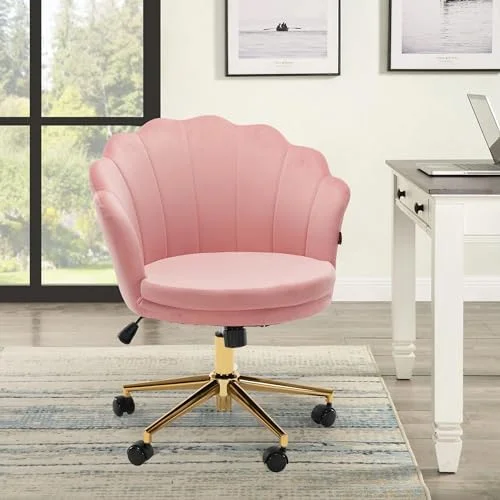 RUNFAYBIU Velvet Swivel Vanity Chair with High Backrest  Chair Upholstered Desk Chair with Wheels Adjustable Seashell Back Home Office Chair for