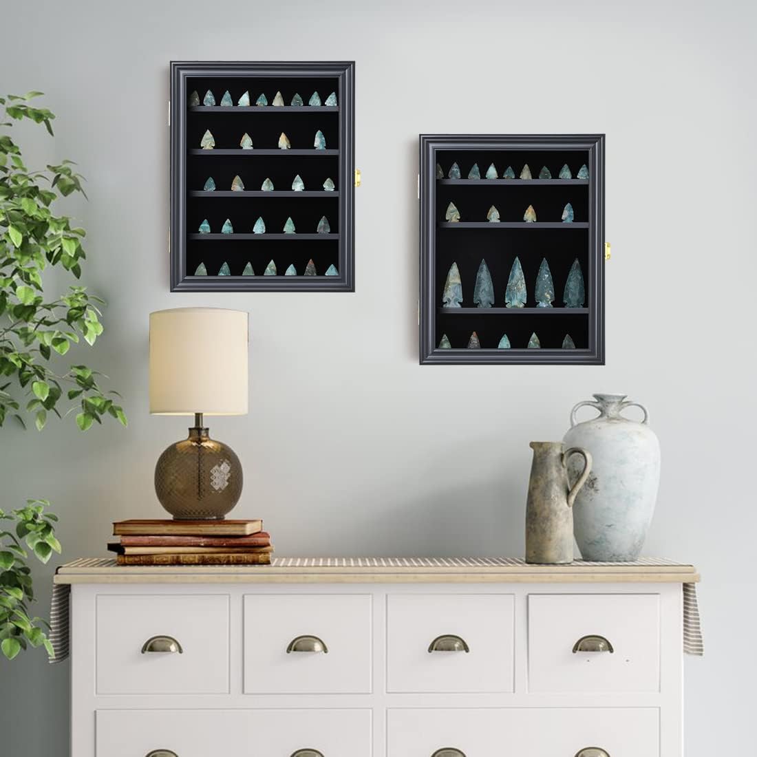 KCRasan Arrowhead Display Case Native American Arrowhead Shadow Box Wall Mount Arrowhead Collection Display Cabinet with Uv Protection for Agate Opal
