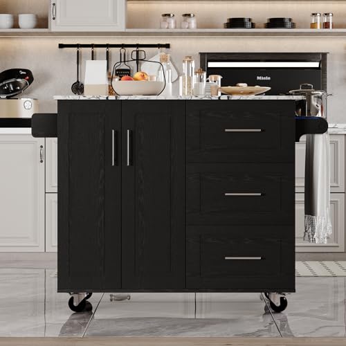 4 EVER WINNER Rolling Island with Storage and Drop Leaf, Marble Tabletop, Kitchen Carts on Wheels with Towel Rack & Spice Rack