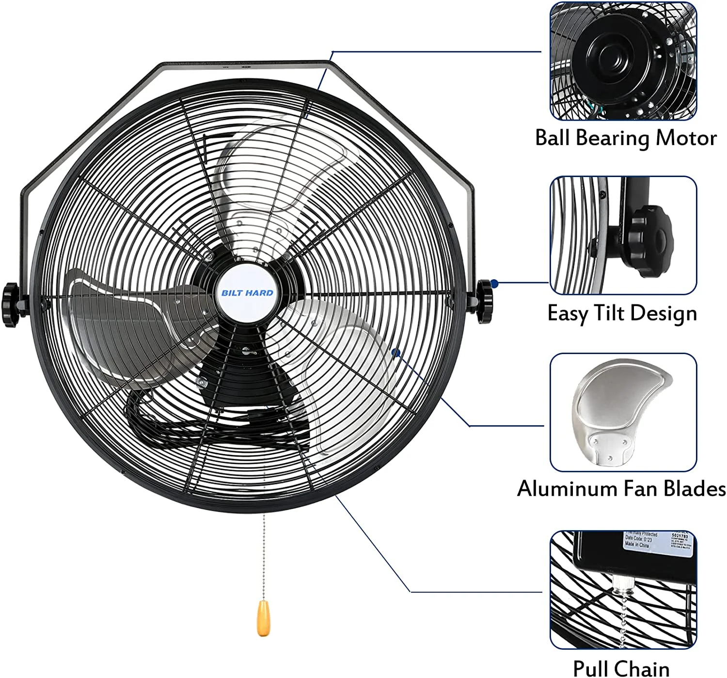 BILT HARD 4600 CFM 20 in. Industrial Wall Mount Fan, 3-Speeds High Velocity Wall Fan with Sealed Motor, Heavy Duty Metal Barn Fans for Garage