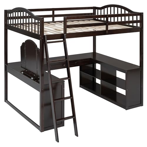 Harper & Bright Designs Full Size Loft Bed with Desk, Storage Shelves and Drawers, Solid Wood Loft Bed Frame with Built-in Wardrobe, Walnut