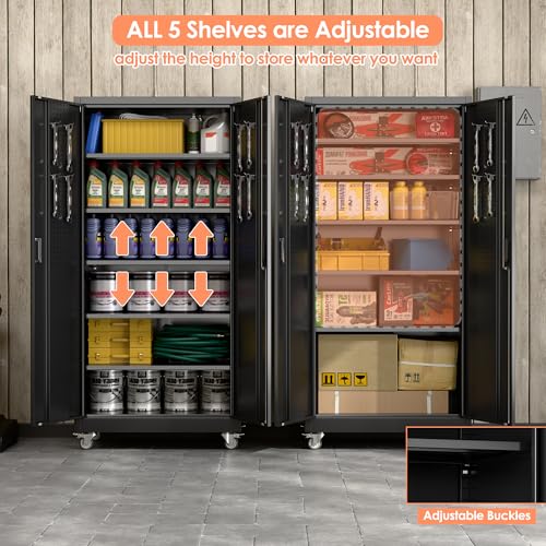 71" Metal Storage Cabinet with Wheels and Pegboard, Lockable Rolling Steel Storage Cabinet with 5 Adjustable Shelves and Door for Garage, Office