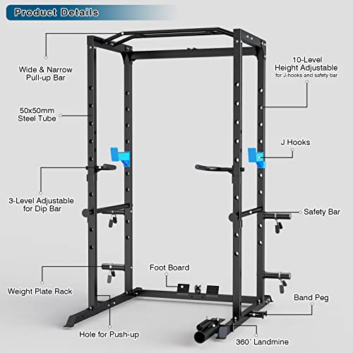 Power Cage, Multi-Functional Power Rack with J-Hooks, Dip Handles, Landmine Attachment and Optional Cable Pulley System for Home Gym