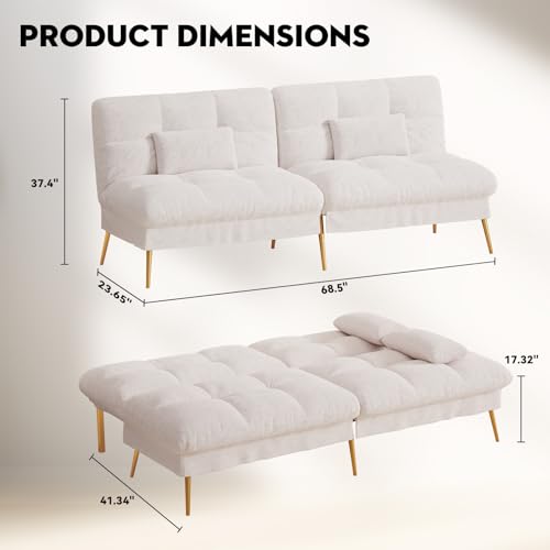 COMHOMA Convertible Futon Sofa Bed, 68″Fabric Futon Couch with Adjustable Backrest, Folding Futon Sleeper Recliner for Living Room Furniture (Black)