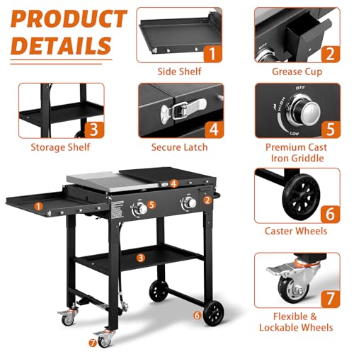 Outvita 2 Burner Portable Flat Top Gas Grill, 28" Propane Griddle, 30,000 BTU