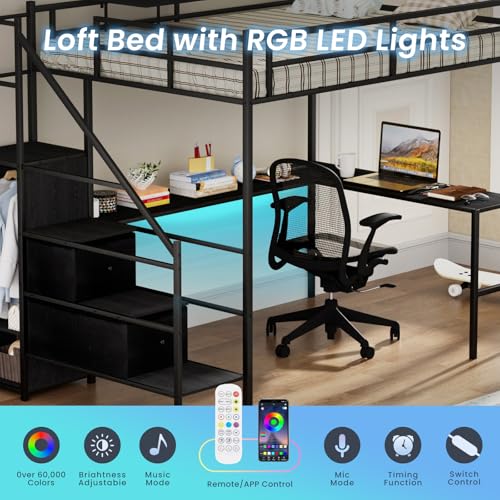 Full Size Loft Bed with L-Shaped Desk, LED Lights and Charging Station, Full Size Loft Bed with Stairs, Wardrobe and 2 Storage Drawers(Black Full)