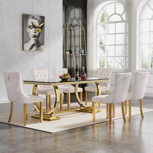 7 Piece Marble Dining Table Set for 6, Luxury White Marble Gold Kitchen Table with 6 Grey Velvet Upholstered Chairs