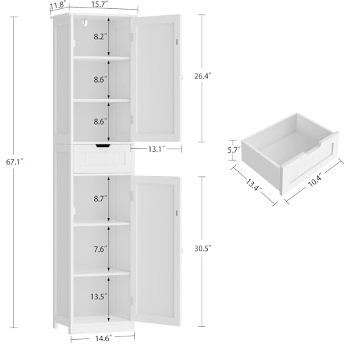 Iwell 67" Tall Bathroom Cabinet, Storage Cabinet with 2 Doors & 1 Drawer, Bathroom Storage Cabinets with Adjustable Shelves, for Living Room