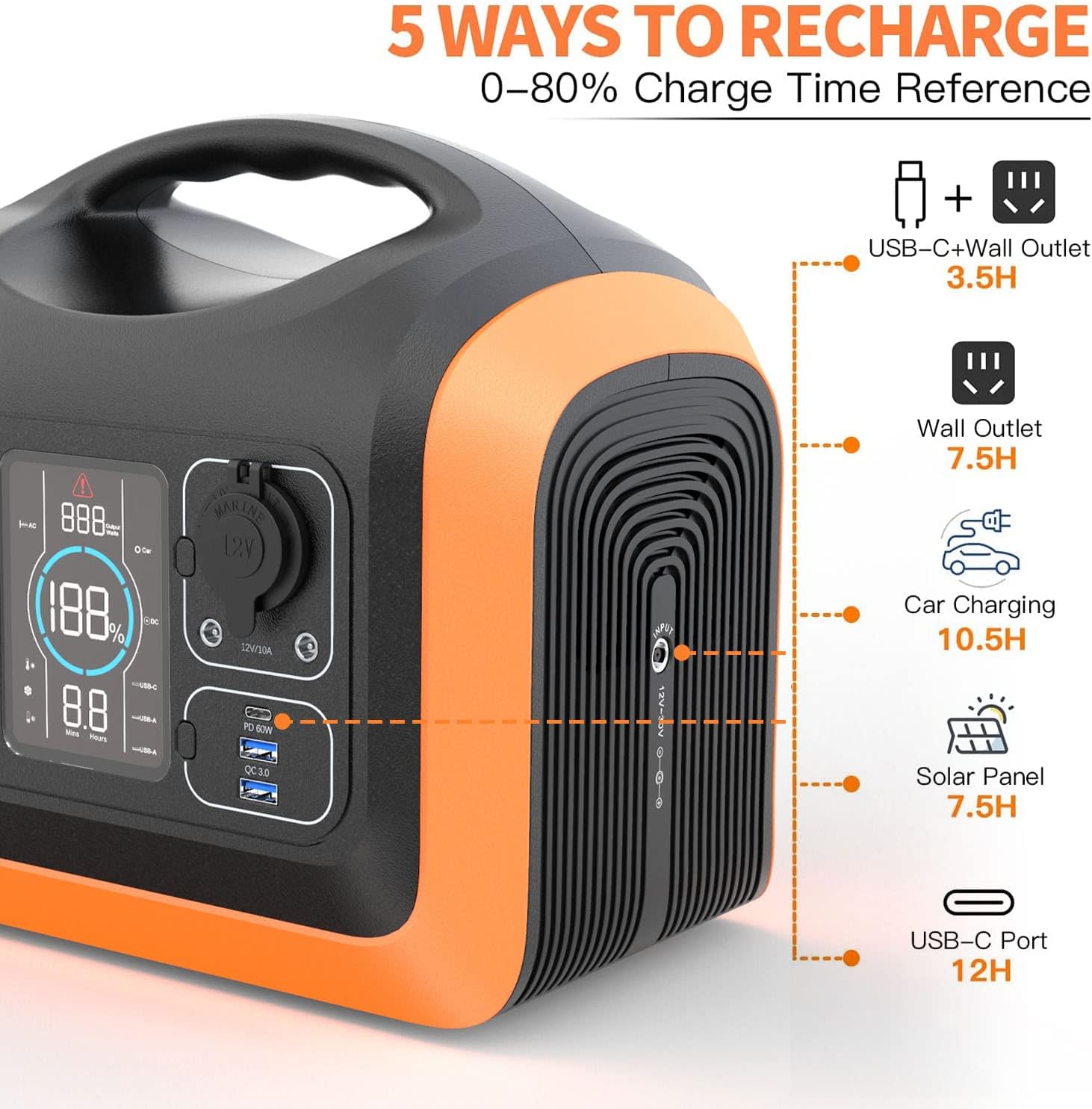 DOEJOY Portable Power Station , 595Wh Backup Lithium Battery Power, 110V/600W Pure Sine Wave AC Outlet/ DC Ports/2 USB Ports/PD 60W