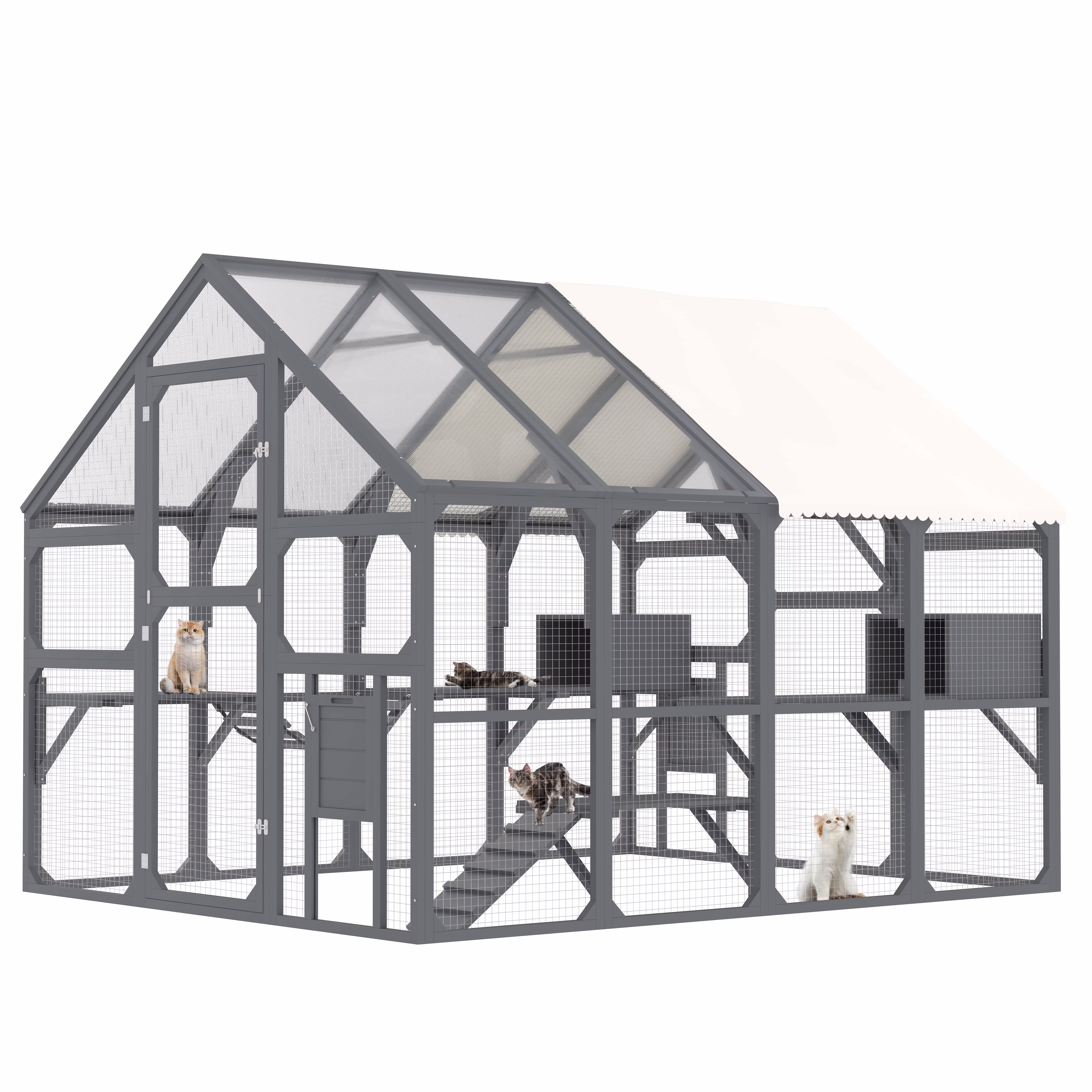 Montary Catio Outdoor Cat Enclosure with Window Access, 4-Tier Cat House with Wheels, Waterproof Roof &amp; Resting Box, Large Gray Cage