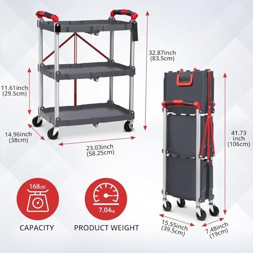 3-Tier Holds Foldable Utility Carts, Collapsible Service Rolling Carts with Wheels， for Home, Office, Garage