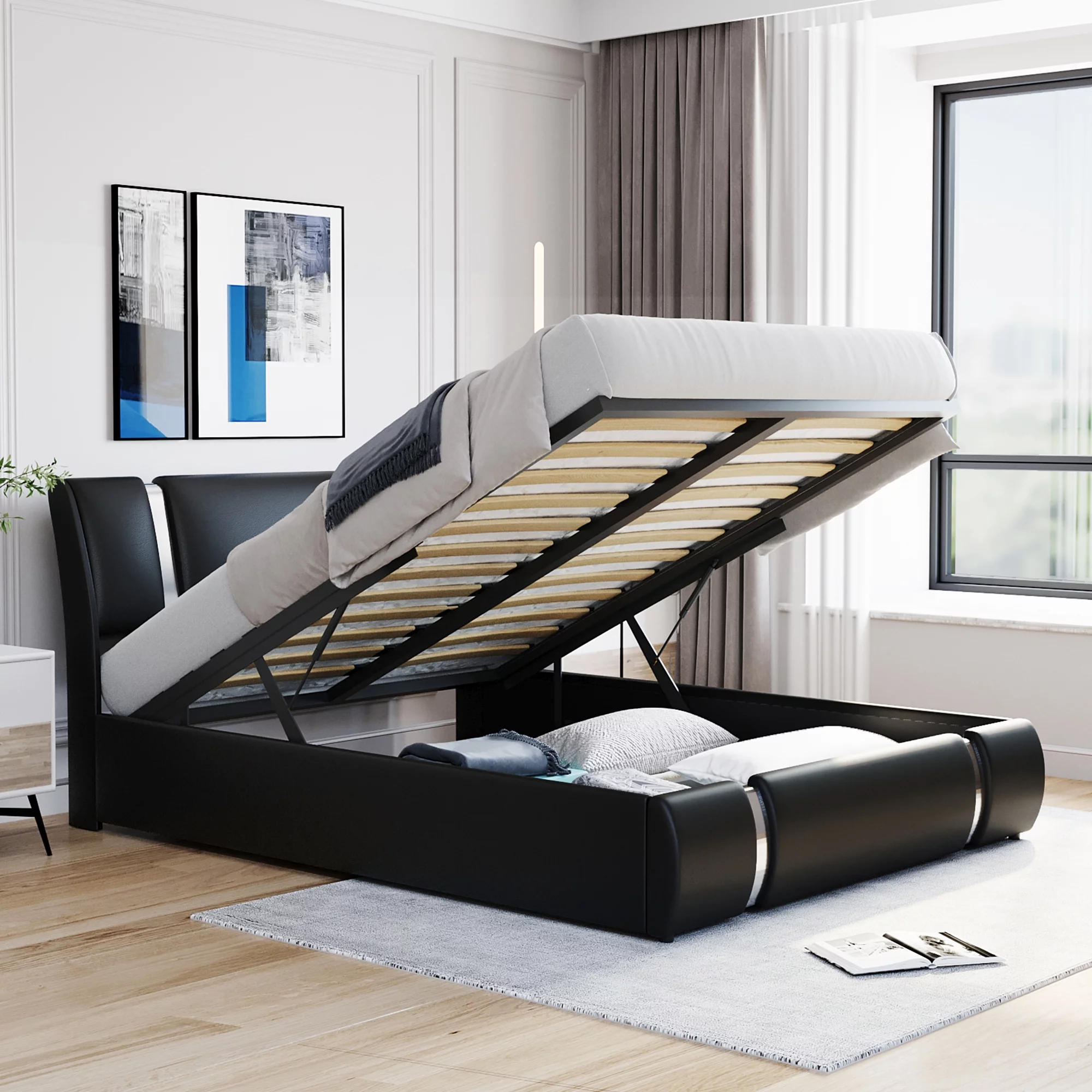 Churanty Queen Size Lift Up Storage Bed,PU Upholstered Platform Bed with Hydraulic Storage System and Headboard,Black
