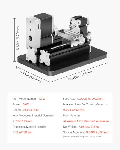 VEVOR Didactical Mini Metal Lathe Machine, 2.76 x 5.12 in, 36W Power Metal Lathe, 20,000 RPM Speed, with 3-jaw Chuck, Aluminum Alloy Handwheel