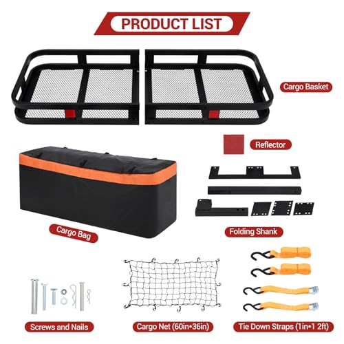 Hitch-Mounted Cargo Carrier | 60"x24"x14" Basket with 500 Lb Capacity | with Net and Straps | Fits 2-Inch Receivers | for Cars and SUVs