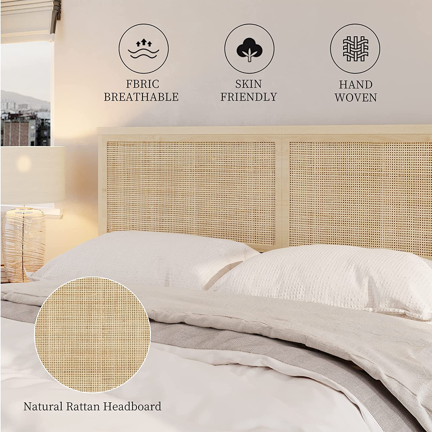 Brafab Natural Rattan Queen Bed Frame with Wooden Headboard and 4 Storage Drawers
