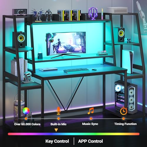 SEDETA Gaming Desk 78.8'' with LED Lights, Hutch and Storage Shelves, Computer Desk with Monitor Stand, Large PC Gamer Desk Workstation