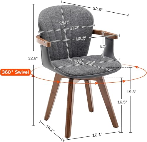LUNLING Swivel Dining Chairs Set of 2, Mid Century Modern Gray Fabric+Faux Leather Kitchen Chairs with Arms,Bamboo Legs Side Chairs No Wheels