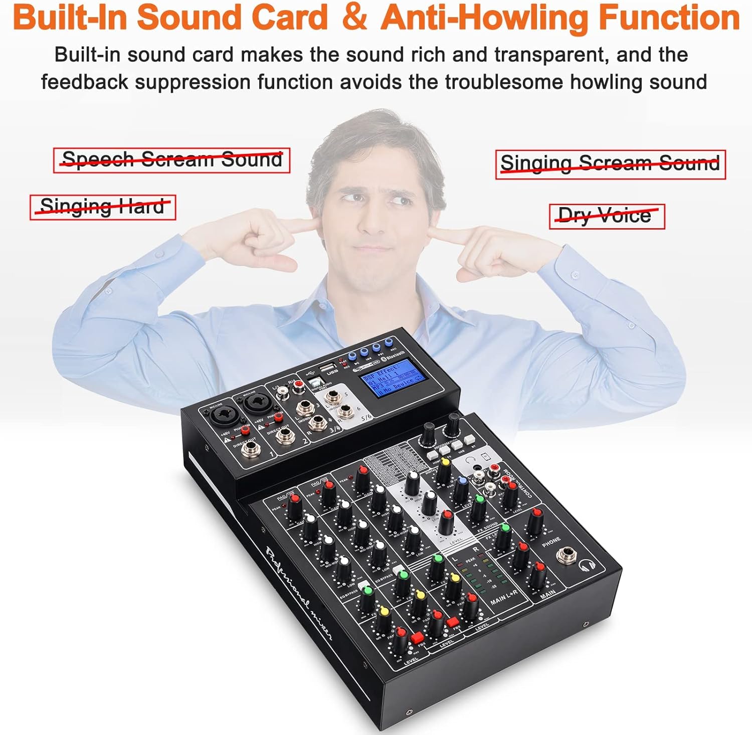Audio Mixer Sound Board Console 6 Channel Sound Mixer Support Digital USB MP3 Computer Wireless Input with 48V Phantom Power for Professional and