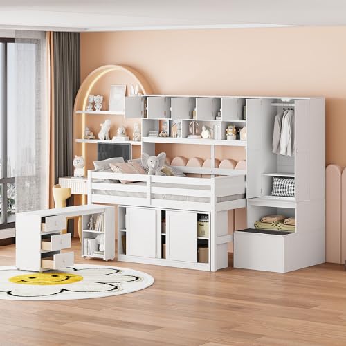 Harper & Bright Designs Full Size Loft Bed with Wardrobe, Wooden Full Loft Bed Frame Big Storage with Under-Bed Desk, Drawers and Shelves, Gray