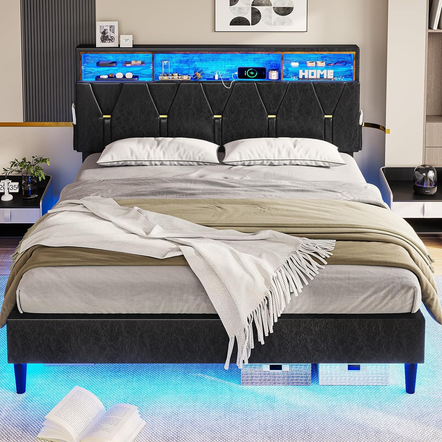 Full Size LED Bed Frame with Upholstered Storage Headboard,Platform Bed with Charging Station and LED Lights,Adjustable Headboard