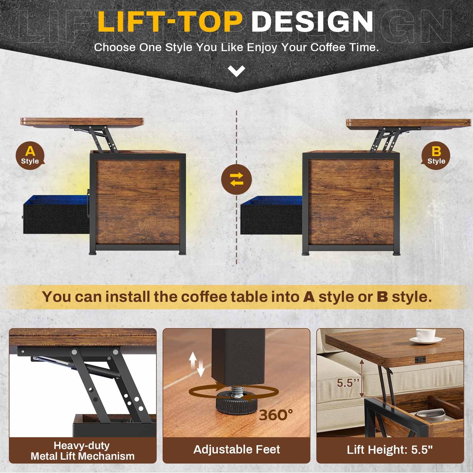 Afuhokles 40" Lift Top Coffee Table, 4 in 1 Coffee Tables with Storage Cabinet for Living Room, 2 Fabric Drawers and LED Light, Rustic Brown