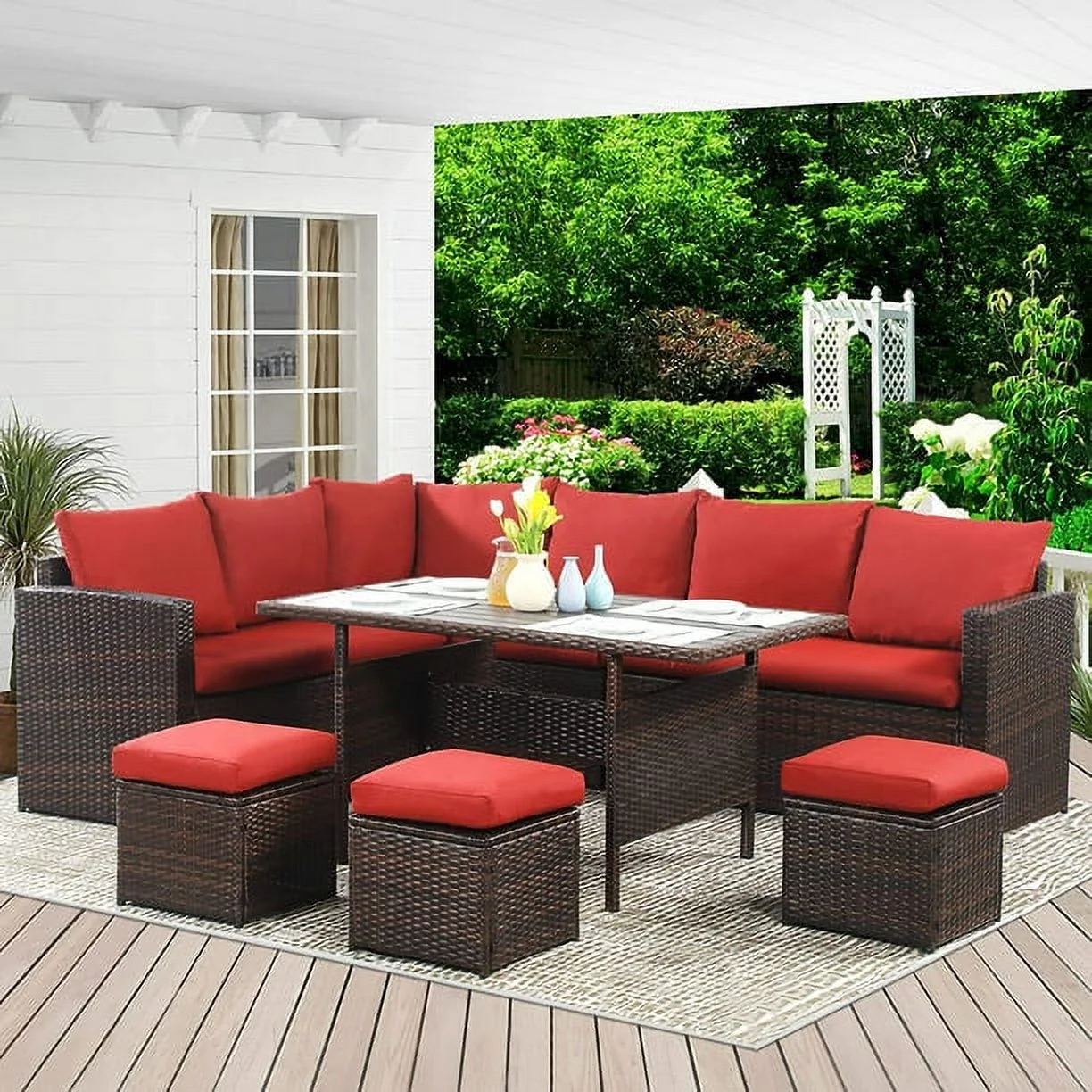 CozyHom 7 Pcs Outdoor Patio Wicker Dining Furniture Sofa Sets, Rattan Conversation Sectional Couch Set with Table and Ottomans, Red