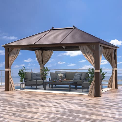 EROMMY 12'x20' Hardtop Gazebo Double Roof Galvanized Steel Canopy Outdoor Aluminum Frame Permanent Metal Pavilion with Netting and Curtains for Patio