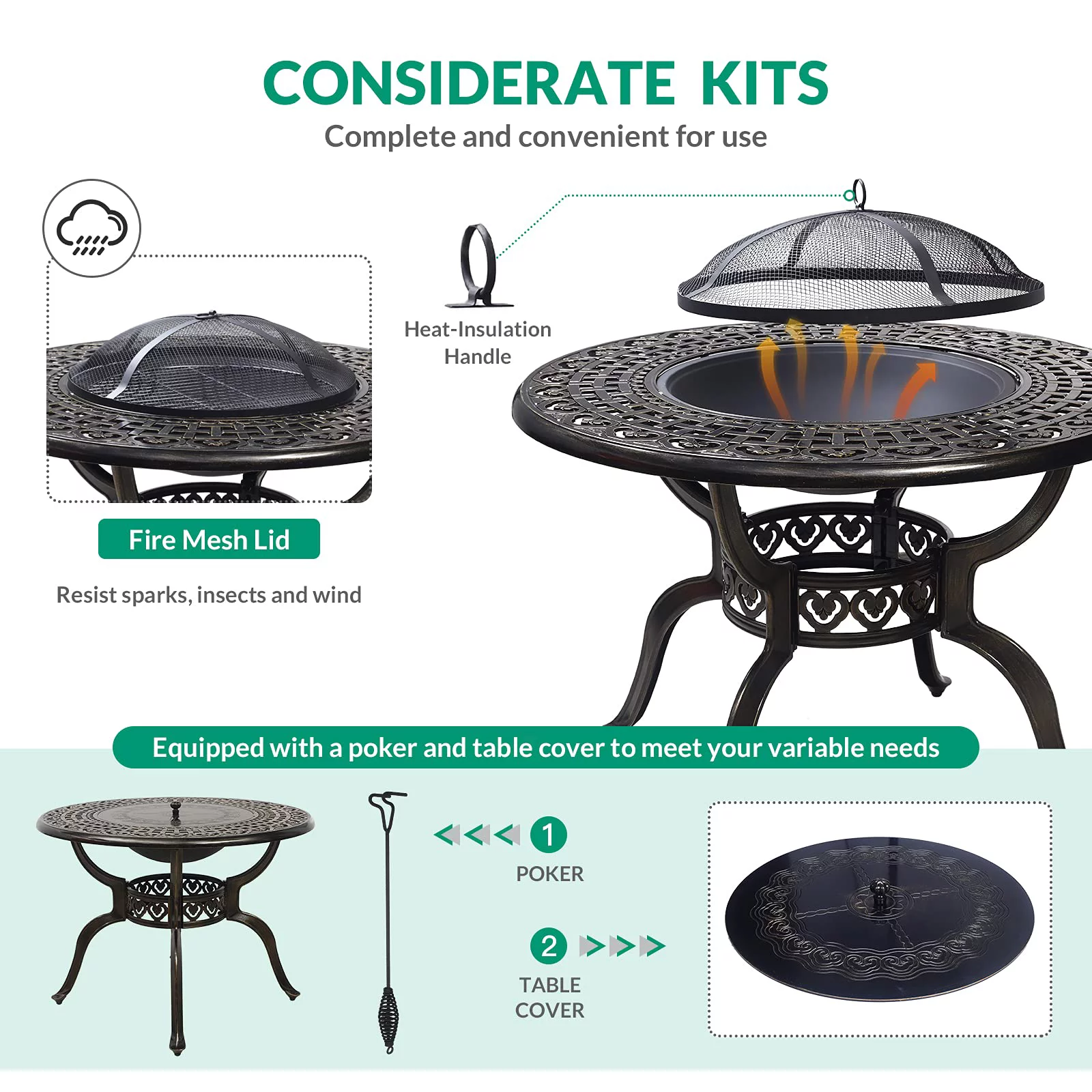 VIVIJASON 5-Piece Outdoor Patio Fire Pit Set, All-Weather Cast Aluminum Conversation BBQ Set, Patio Furniture Set for Balcony Lawn Garden Backyard
