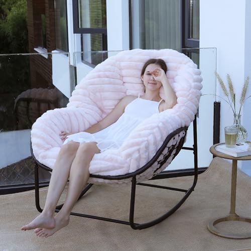 Outdoor Indoor Rocking Chair, Patio Wicker Egg Chair, Indoor & Outdoor Comfy Oversized Papasan Chair with Padded Cushion