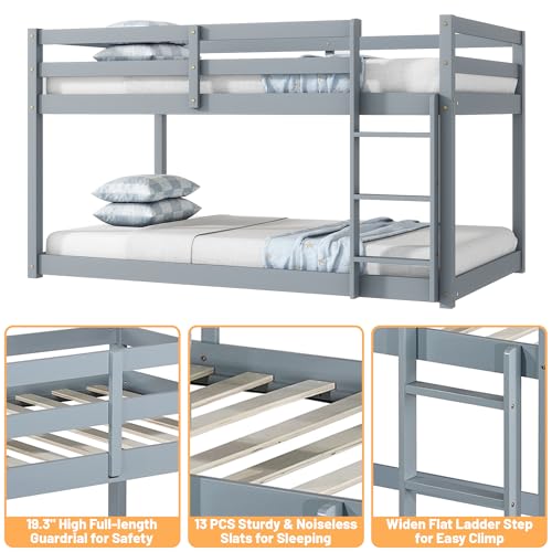 Bunk Bed Twin Over Twin, Wood Low Profile Floor Twin Bunk Beds with Ladder Guardrails for Kids Boys and Girls, No Box Spring Needed