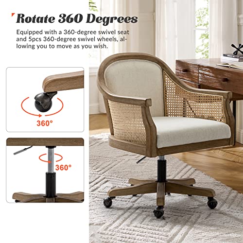 HULALA HOME Rattan Desk Chair, Upholstered Home Office Chair, Vintage Office Chair with Armrest