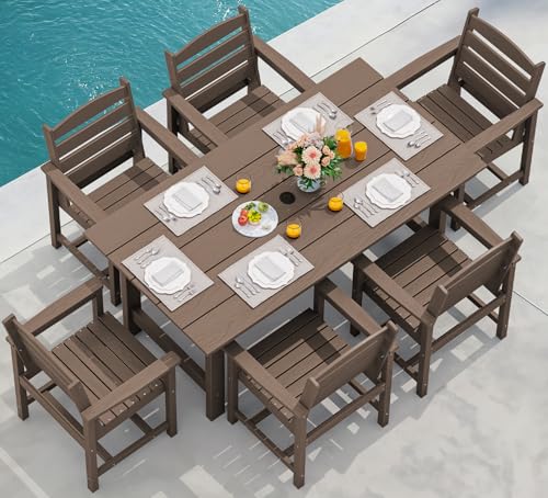 SERWALL Outdoor HDPE Dining Table Set, 7-Piece Outdoor Dining Table Sets with Umbrella Hole Cut-Out Table and 6 Chairs, Gray