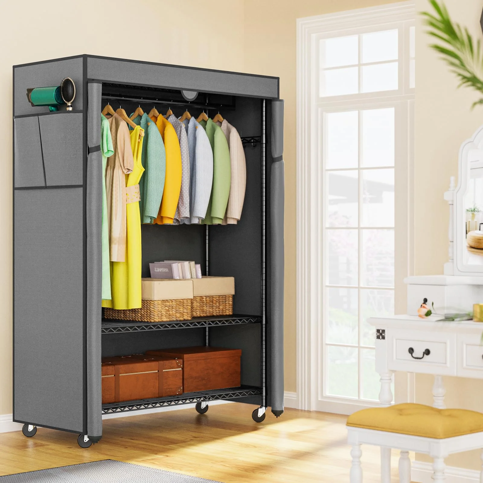 LEHOM G1C Heavy Duty Covered Clothes Rack, Garment Rack for Hanging Clothes with Shelves, Freestanding Clothing Rack with Grey Oxford Fabric Cover