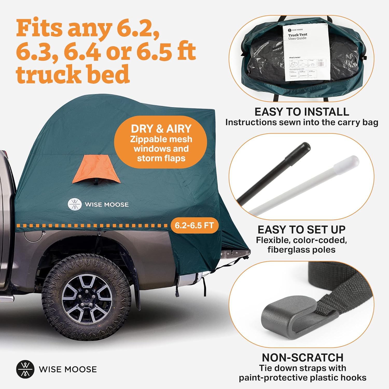 WISE MOOSE Truck Bed Tent - Fits 6.2-6.5 ft Truck Tents for Camping, Waterproof & Windproof Pickup Truck Tent 6.5 Foot Bed