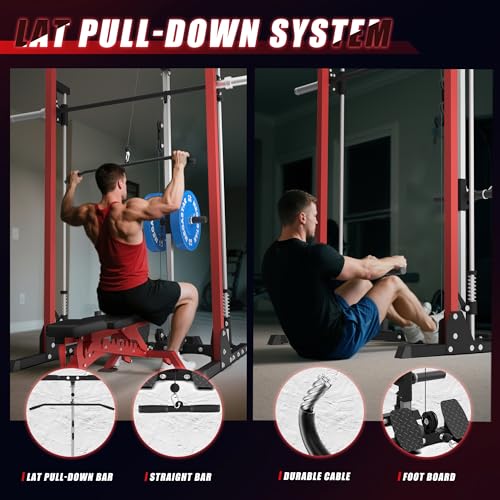 Compact Smith Machine Home Gym - 800lb Barbell Sleeve, Space-Saving Power Cage with LAT Pulldown, Power Rack 5-in-1