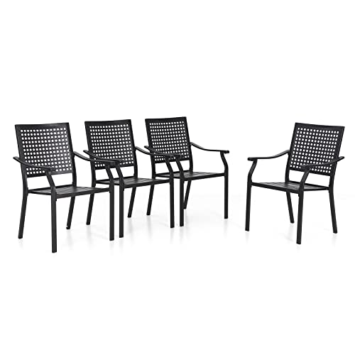 PHI VILLA Stackable Wrought Iron Patio Dining Chairs - Set of 2 Black Outdoor Chair Bistro Metal Chairs, Support 300 LBS