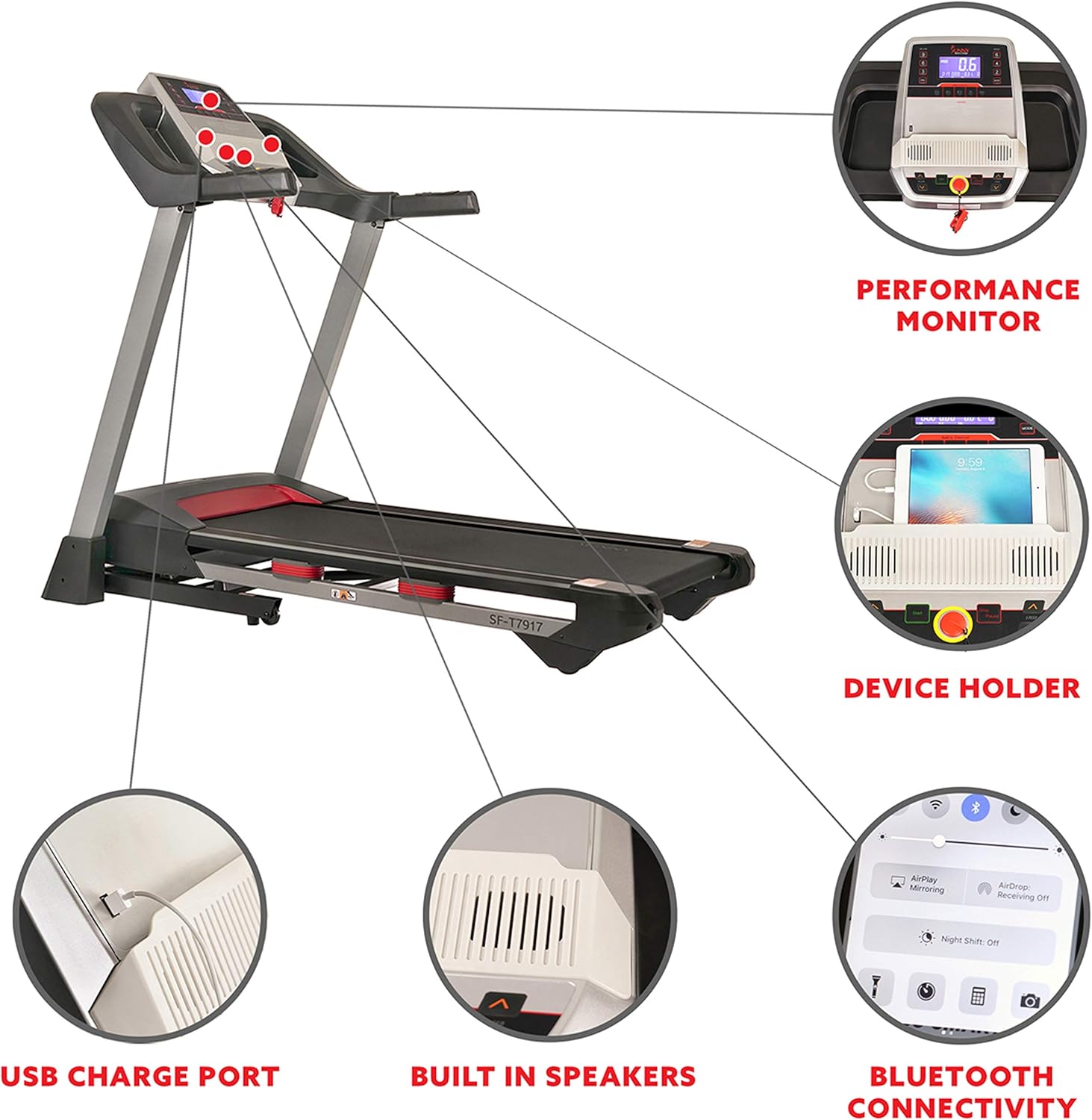 Sunny Health & Fitness Folding Treadmill for Home Exercise with 265 LB Capacity, Device Holder, Bluetooth Speakers and USB Charging - SF-T7917